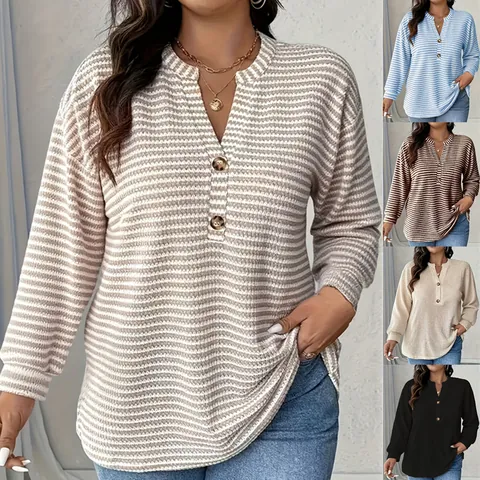 Women Plus Size Long Sleeve T-Shirt Casual Stripe V Neck Buttons Waffle Knit Pullover Loose Fashion Patchwork Autumn Top