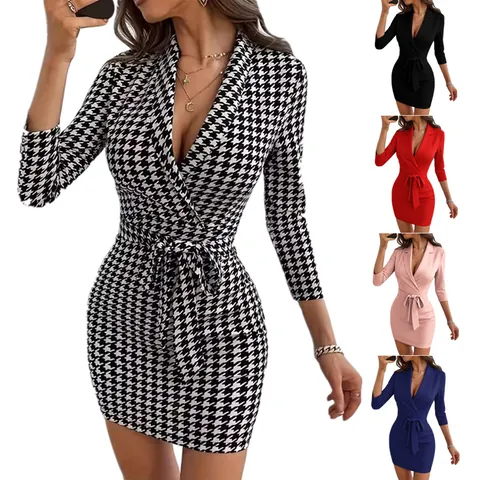 Elegant Women Blazer Collar Bodycon Dress With Belt 3/4 Sleeve Houndstooth Slim Fit Sexy Professional Office Mini Dress