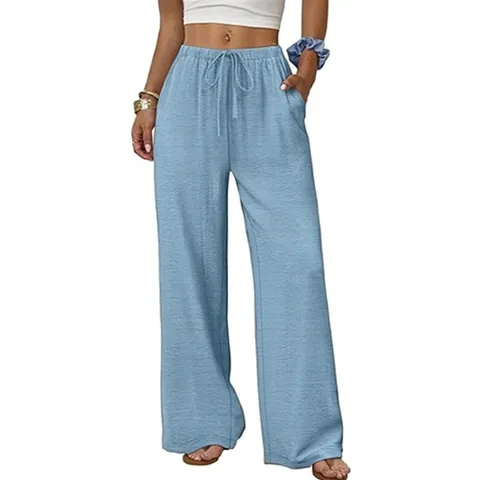 Women Fashion Casual Solid Color Elastic Waist Wide Leg Pants With Pockets Beach Summer Lounge Loose Trousers Soft High Waist Trousers