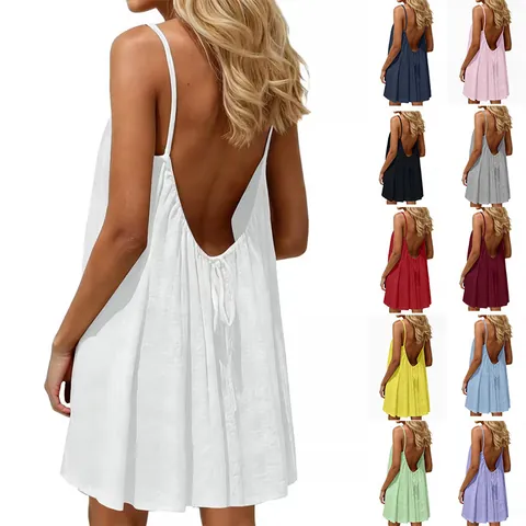 Robe Dos Nu Sexy à Fines Bretelles pour Femmes Couleur Unie Mini Robe Caraco sans Manches Robe d'Été pour Plage Vacances