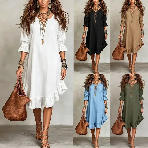 Vestido de Mujer con Cuello en V y Dobladillo de Volantes Color Sólido Boho Manga Media Patchwork Vestidos Midi Sueltos para Viajes Casuales Vacaciones