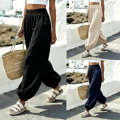 Women High Waist Lantern Pants Polyester Spandex Casual Loose Harem Trousers With Pockets Bohemian Beach Vacation Bottom