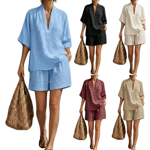 Women Elegant V Neck Short Sleeve Top And Shorts Outfit Solid Color Loose Casual Summer Loungewear Set For Women Polyester