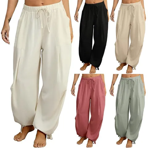 Women's Casual Loose Jogger Pants Elastic High Waist Patchwork Pocket Cuffed Sweatpants Solid Color Polyester Woven Trousers Bottom