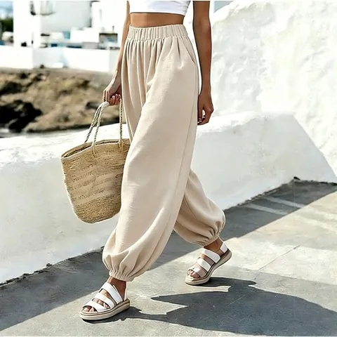 Women High Waist Lantern Pants Polyester Spandex Casual Loose Harem Trousers With Pockets Bohemian Beach Vacation Bottom
