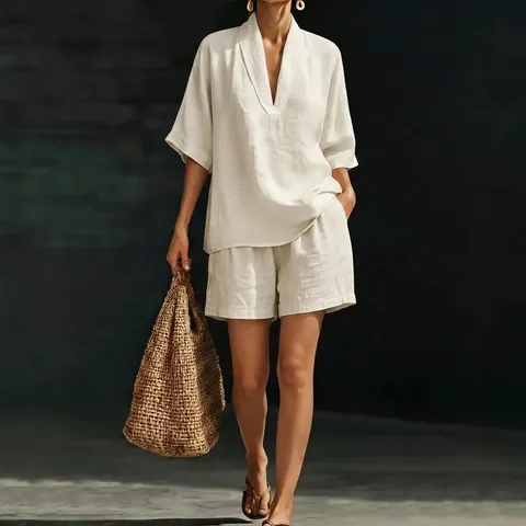 Women Elegant V Neck Short Sleeve Top And Shorts Outfit Solid Color Loose Casual Summer Loungewear Set For Women Polyester