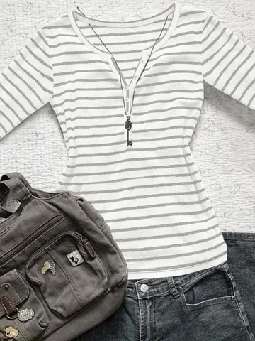 Maglietta a Righe a Maniche Lunghe da Donna Casual con Scollo Henley e Bottoni Vestibilità Slim Top in Poliestere