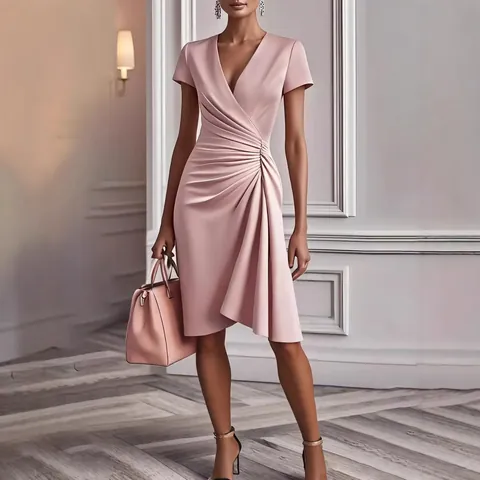Women Sexy V Neck Slim Fit Ruched Bodycon Dress Solid Color Short Sleeve Elegant Party Evening Office Wear Midi Dress