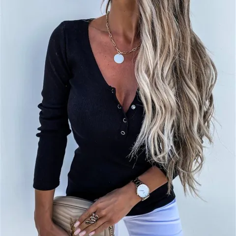 Women Slim Fit Long Sleeve T-Shirt Henley V-Neck Button Ribbed Knit Solid Color Polyester Top For Daily Commute Casual