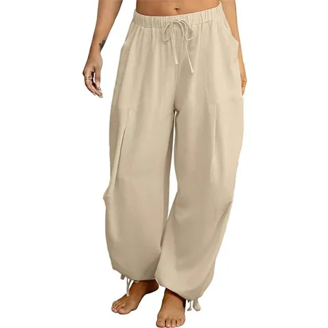 Women's Casual Loose Jogger Pants Elastic High Waist Patchwork Pocket Cuffed Sweatpants Solid Color Polyester Woven Trousers Bottom