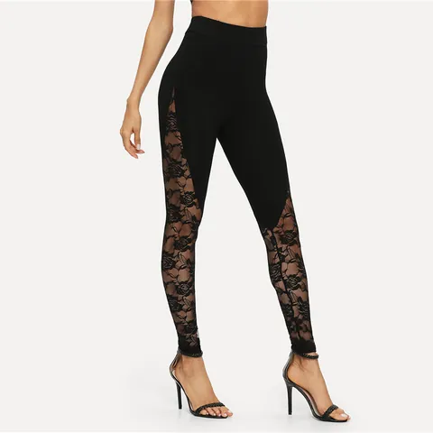 Women Sexy Lace Patchwork Yoga Leggings High Waist Hollow Out Floral Pattern Polyester Cotton Slim Fit Sports Fitness Pants