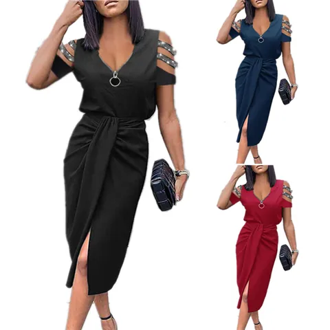 Women Casual V-Neck Zipper Midi Dress Cold Shoulder Rhinestone Ruched Slim Fit Solid Color Top And Bottom Elegant Clothing
