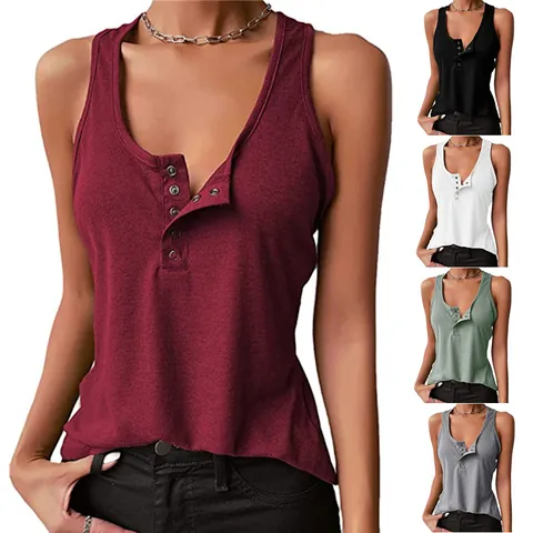 Women Henley Tank Top Ribbed Knit Sleeveless Snap Button Racerback Slim Fit Polyester Casual Summer Solid Color Top