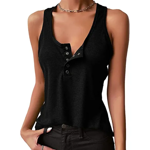 Women Henley Tank Top Ribbed Knit Sleeveless Snap Button Racerback Slim Fit Polyester Casual Summer Solid Color Top