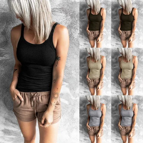 Women Casual Cotton Blend Ribbed Slim Fit Tank Top Round Neck Solid Color Sleeveless Basic Top Vest For Summer