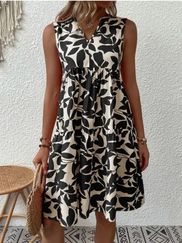Women Bohemian V-Neck Sleeveless Floral Print Midi Dress Pleated Tiered A-Line Pullover Loose Vacation Beach Party Dress