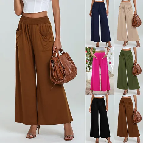 Women High Waisted Wide Leg Pants With Pockets Casual Loose Straight Leg Trousers Solid Color Stretchy Lounge Trousers
