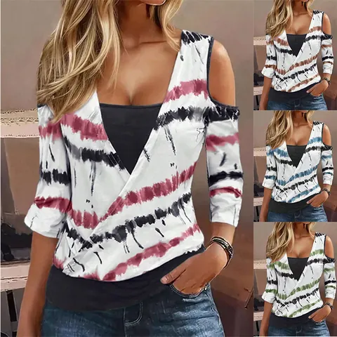 Women Cold Shoulder Striped Print V Neck Top Polyester Spandex Fake Two Piece Long Sleeve Casual Relaxed Fit T-Shirt