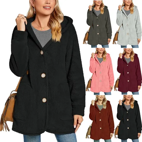 Women Casual Plush Hooded Cardigan Jacket Polyester Spandex Teddy Fleece Warm Outerwear Button Pocket Long Sleeve Loose Coats