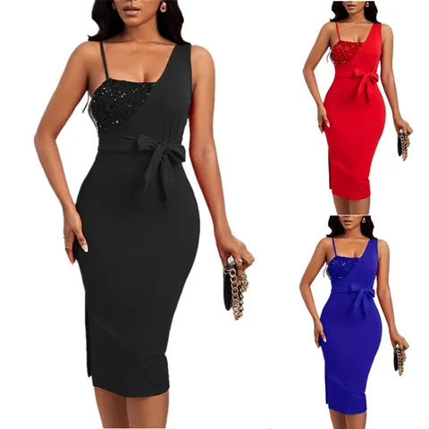 Elegant Single Shoulder Sequin Slit Evening Dress For Women Sexy Bodycon Midi Party Dress With Belt Sleeveless Cocktail Gown