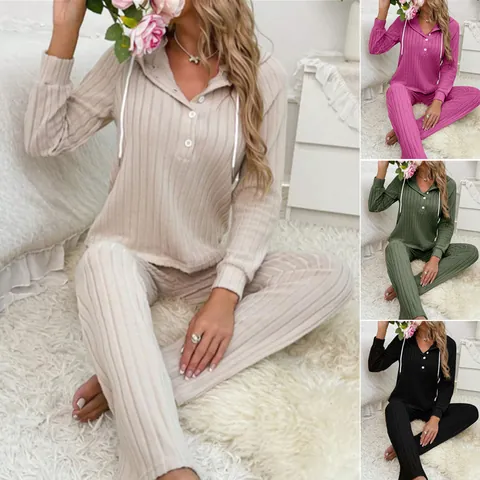Γυναικείο Casual Σετ Loungewear με Ραβδωτή Υφή και Κουκούλα με Κουμπιά Πολυεστέρας Σπάντεξ Μονόχρωμο Μακρυμάνικο Σπίτι