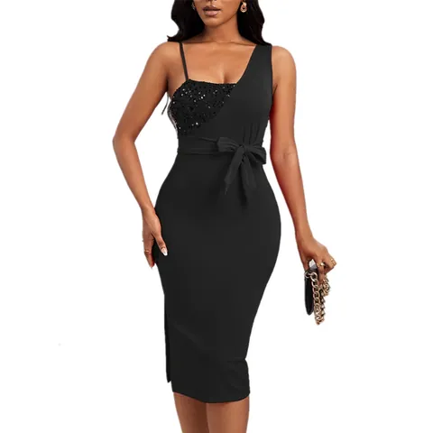 Elegant Single Shoulder Sequin Slit Evening Dress For Women Sexy Bodycon Midi Party Dress With Belt Sleeveless Cocktail Gown