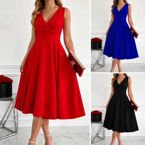 Women Sleeveless V-Neck Maxi Dress Elegant Solid Color High Waist A-Line Evening Gown Casual Fashion Party Midi Dress