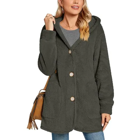 Women Casual Plush Hooded Cardigan Jacket Polyester Spandex Teddy Fleece Warm Outerwear Button Pocket Long Sleeve Loose Coats
