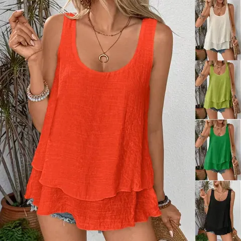 Dames Mouwloos Gelaagde Zoom Top Ronde Hals Casual Zomer Tank Top Ruim Dubbellaags T-Shirt Effen Kleur Vakantie Vest