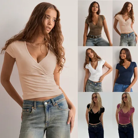 Γυναικείο T-shirt Y2K Sexy V Neck Slim Fit Κοντό Μανίκι Streetwear Μονόχρωμο Basic Cross Wrap Crop Top Πολυεστέρας Σπάντεξ