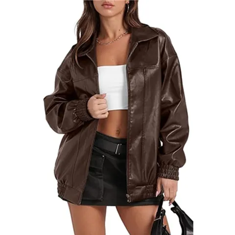 Women PU Leather Jacket Long Sleeve Lapel Zipper Oversized Casual Windbreaker Coat Fashion Streetwear Biker Jacket Outwear