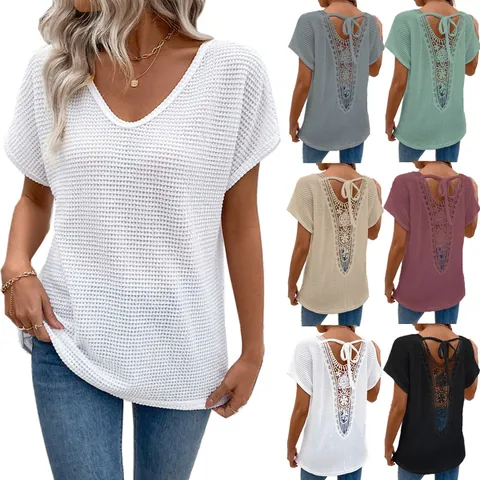 Women Plus Size V-Neck Short Sleeve T-Shirt Back Lace Patchwork Hollow Out Strappy Top Solid Color Loose Pullover Summer Clothing