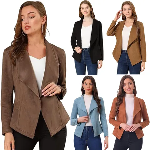 Chaqueta Corta de Gamuza Sintética para Mujer Moda Casual Solapa Manga Larga Abierta Slim Top Color Sólido Chaqueta Conmutada