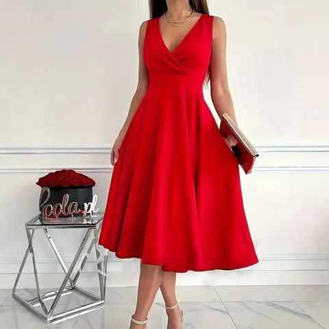 Women Sleeveless V-Neck Maxi Dress Elegant Solid Color High Waist A-Line Evening Gown Casual Fashion Party Midi Dress