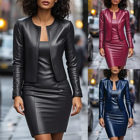 Tailleur Jupe en Similicuir PU pour Femmes Cardigan à Manches Longues et Robe Bodycon à Bretelles Top And Bottom
