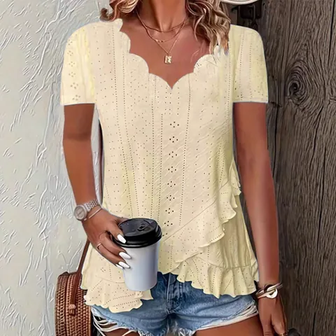 Camiseta de Jacquard para Mujer Escote Festoneado Manga Corta de Verano Dobladillo con Volantes Top de Poliéster Casual Elegante Color Sólido