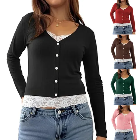 Women Fashion Fake Two-Piece Long Sleeve V-Neck Button Rib Knit Top With White Lace Patchwork Casual T-Shirt For Daily Wear