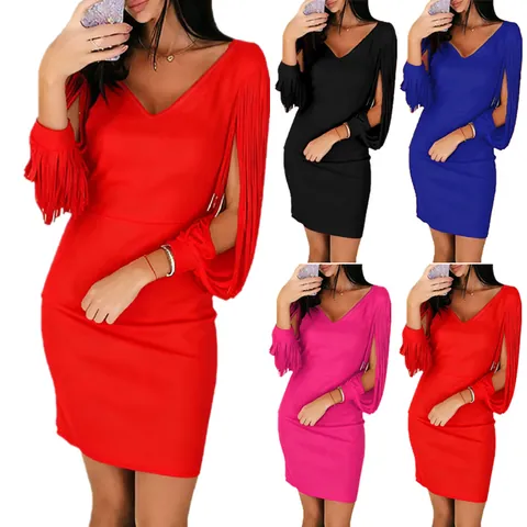 Elegant Women Deep V-Neck Tassel Long Sleeve Mini Bodycon Dress Sexy Evening Party Club Nightwear Slim Fit Polyester Dress