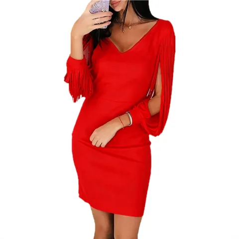 Elegant Women Deep V-Neck Tassel Long Sleeve Mini Bodycon Dress Sexy Evening Party Club Nightwear Slim Fit Polyester Dress