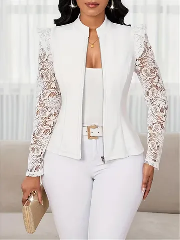 Veste Blazer Élégante à Manches Longues en Dentelle pour Femmes avec Fermeture Éclair Col Rond Coupe Slim Patchwork Top
