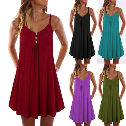 Women's Summer Ruched Cami Dress V Neck Button Decoration A-Line Swing Midi Sundress Cotton Blend Solid Color Sleeveless Dress