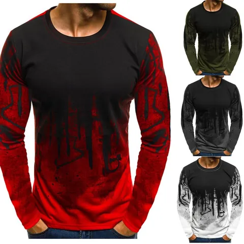 Men's Casual Camouflage Printed Long Sleeve T-Shirt Gradient Inkjet Sportswear Round Neck Cotton Blend Loose Top