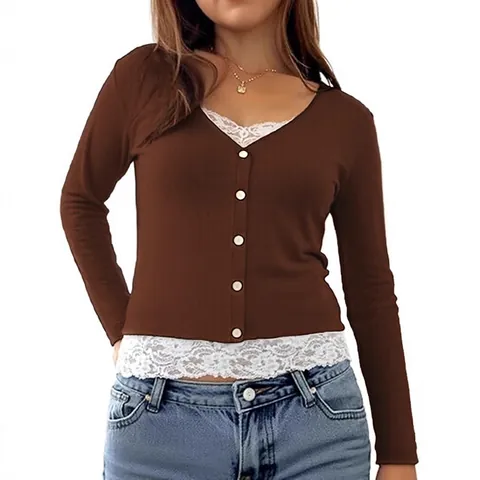 Women Fashion Fake Two-Piece Long Sleeve V-Neck Button Rib Knit Top With White Lace Patchwork Casual T-Shirt For Daily Wear