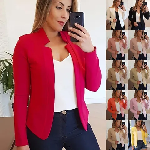 Dames Casual Katoenmix Blazer Slanke Pasvorm Opstaande Kraag Open Voorkant Jas Professionele Kantoor Werkkleding Effen Kleur Mantel Top