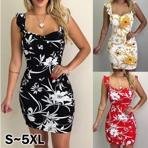 Damen Sexy Floral Druck Ärmellos Wasserfall-Ausschnitt Rückenfrei Bodycon Kleid Sommer Slim Fit Midi Kleid Top And Bottom Party