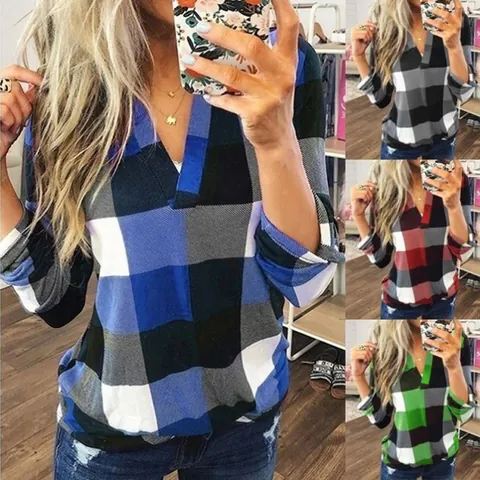 Women's Plaid Long Sleeve V-Neck Shirt Cotton Blend Casual Loose Pullover Top Commuter Printed Autumn Spring Fashion Blouse
