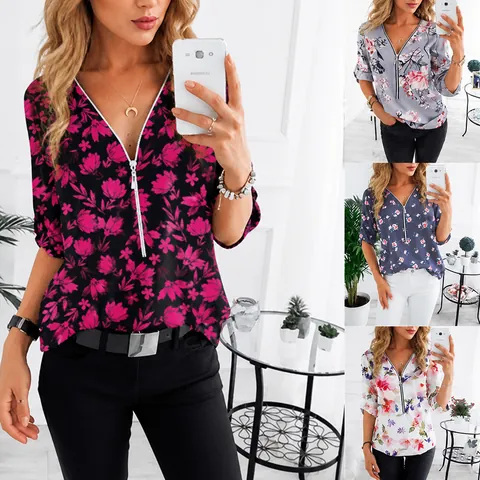 Damen Mode Blumendruck V-Ausschnitt Bluse Lässig Langarm Top Mit Reißverschluss Polyester Sommer Frühling Streetwear Hemd