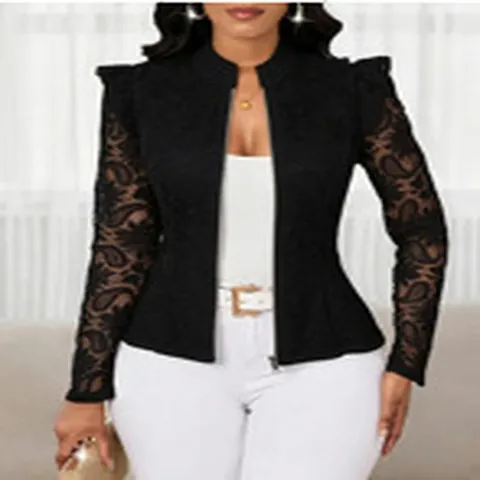 Veste Blazer Élégante à Manches Longues en Dentelle pour Femmes avec Fermeture Éclair Col Rond Coupe Slim Patchwork Top