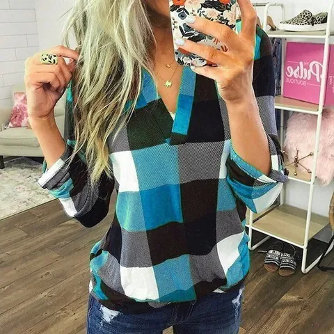 Women's Plaid Long Sleeve V-Neck Shirt Cotton Blend Casual Loose Pullover Top Commuter Printed Autumn Spring Fashion Blouse