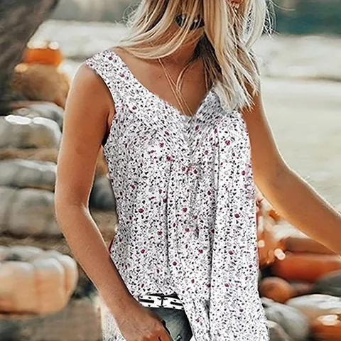 T-Shirt Sans Manches à Col en V Imprimé Floral Décontracté pour Femmes Débardeur d'Été Coupe Large Gilet de Plage Imprimé en Coton